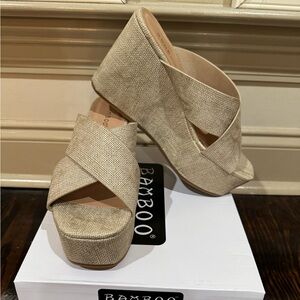 BAMBOO Tan Wedge Shoes with Crossover Straps